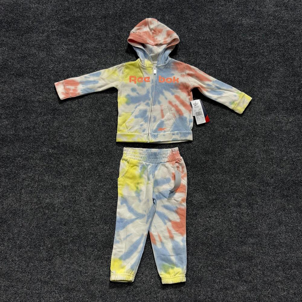 Reebok 2 Piece Hoodie Pants Set Girls 2T Neon Swiral Melon Tie Dye Outfit